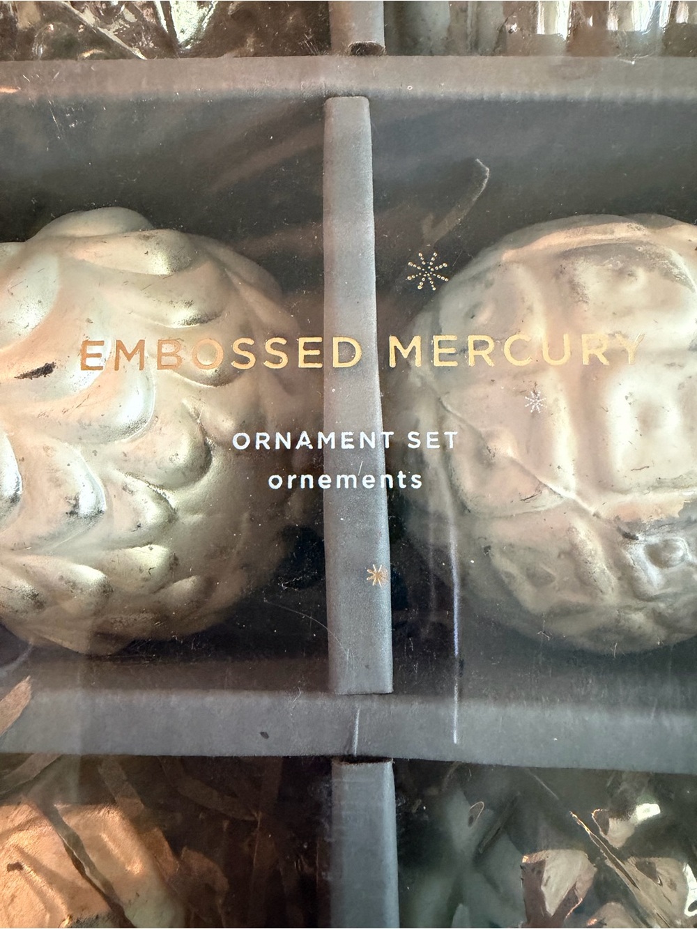 Pottery Barn Embossed Mercury Ornament Set - Silver, New in box, discontinued - Picture 2 of 3